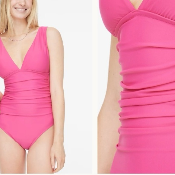 J Crew Ruched Plunge One Piece Swimsuit Pink Womens 14 Stretch V-Neck - Picture 12 of 13